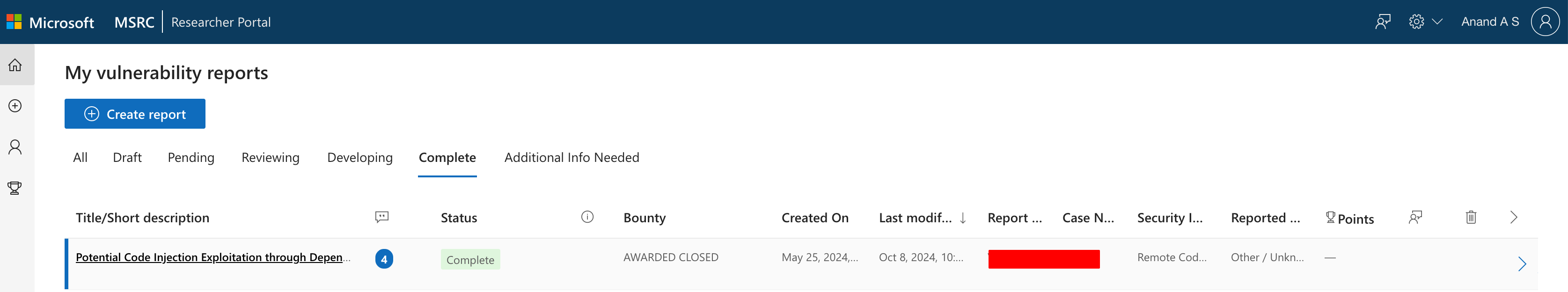 msrc researcher portal showing the dependency confusion report marked complete with bounty awarded closed